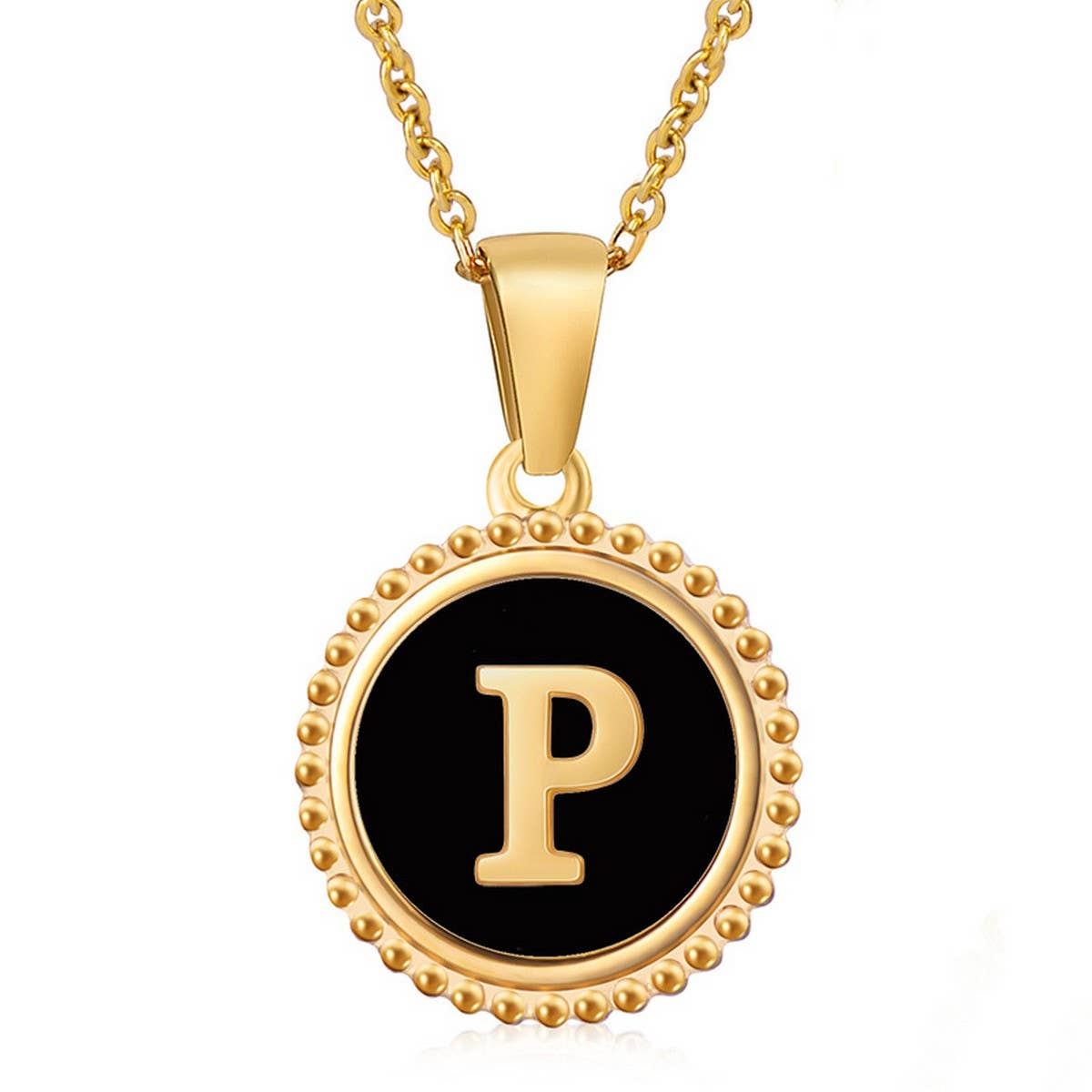 CWAJE1941_Simple Round Black Shell Letter Necklace
