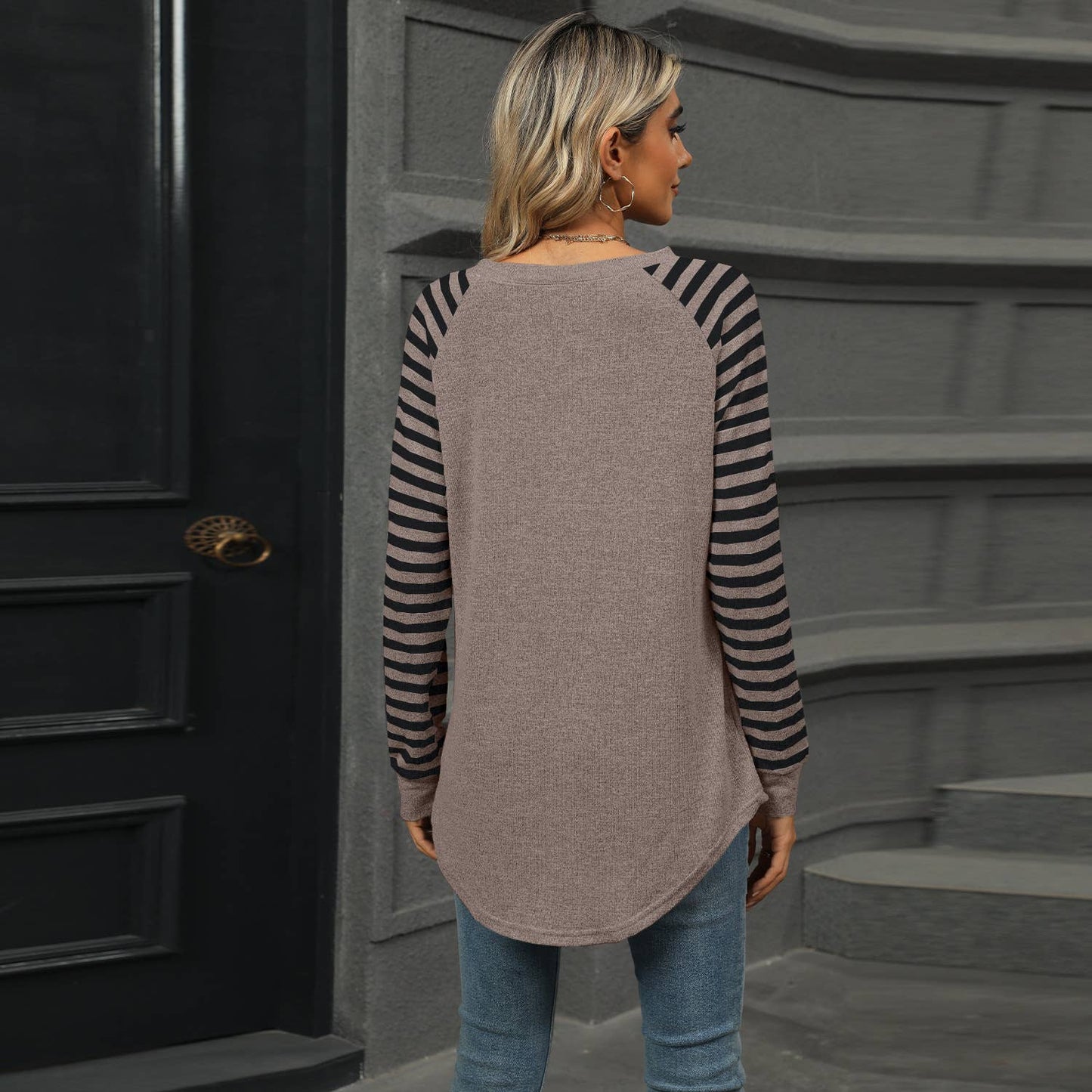 STRIPED PATCHWORK CREW NECK LONG SLEEVE T-SHIRT