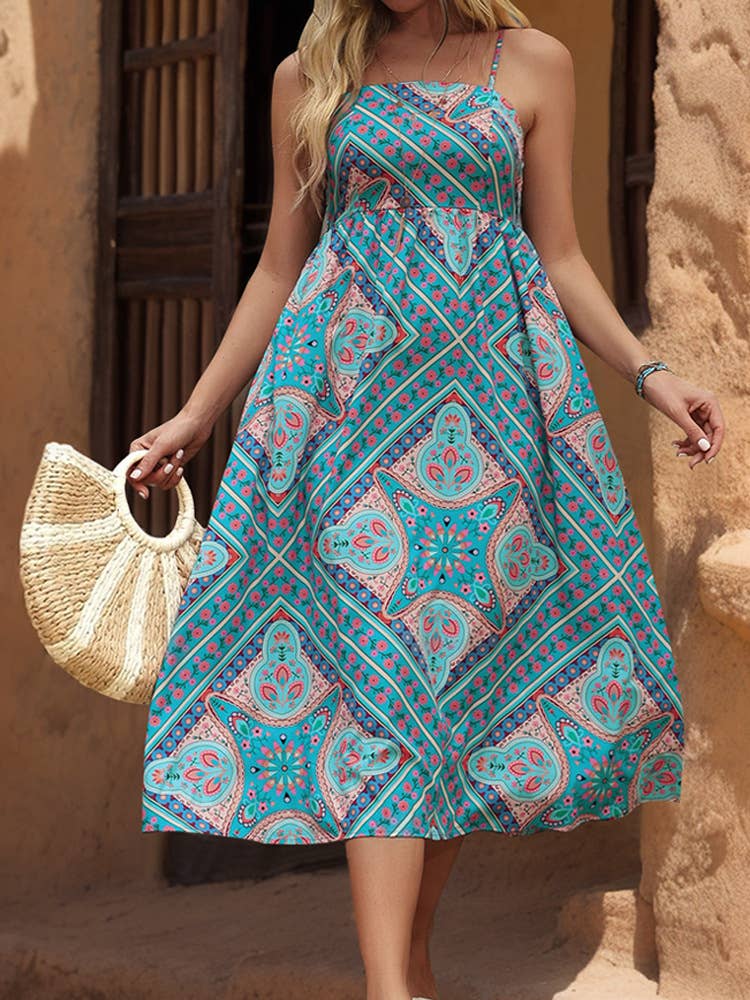 ETHNIC PRINT HIGH-WAISTED HALTER LOOSE DRESS