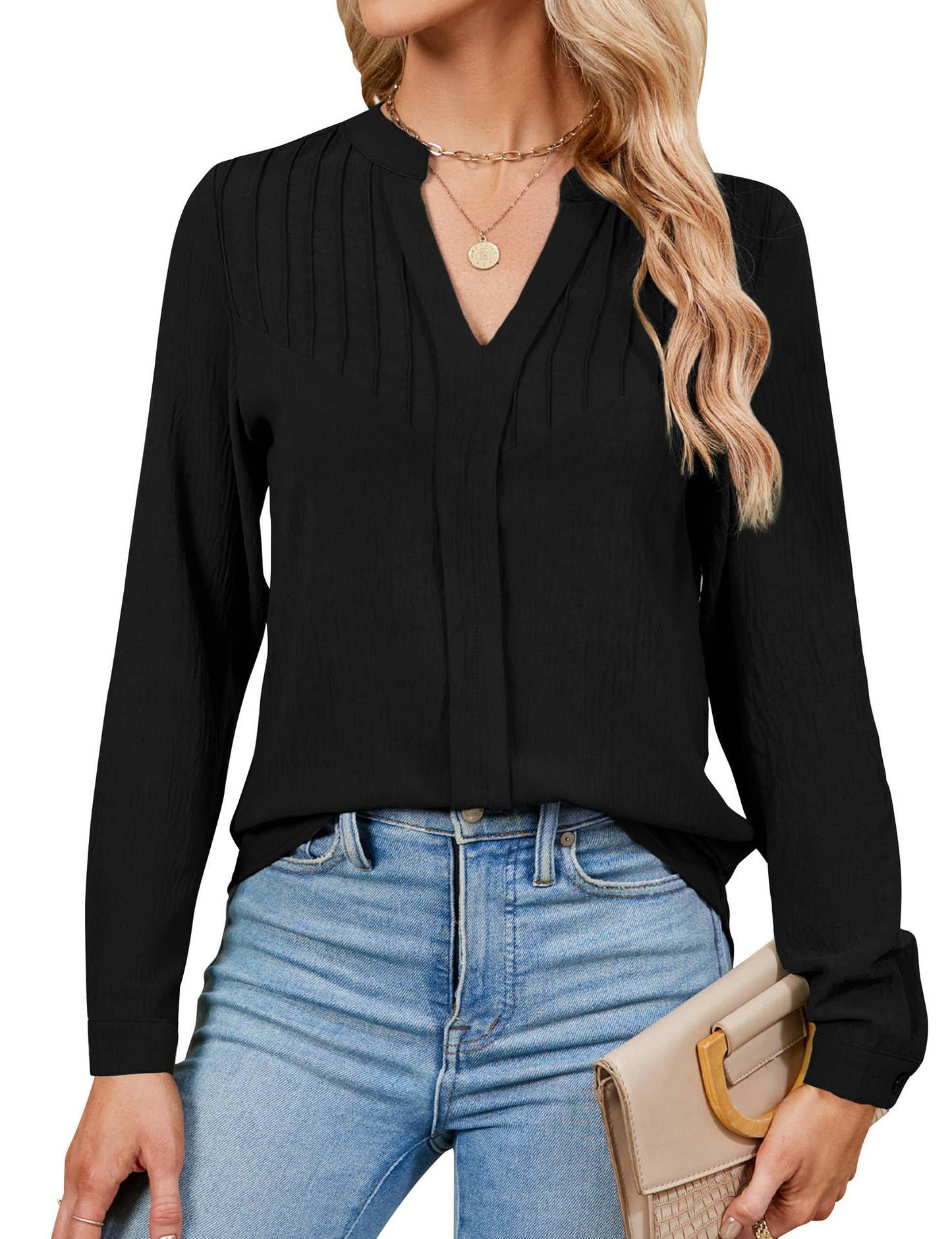 SMALL STAND COLLAR V-NECK PLEATED CASUAL SHIRT