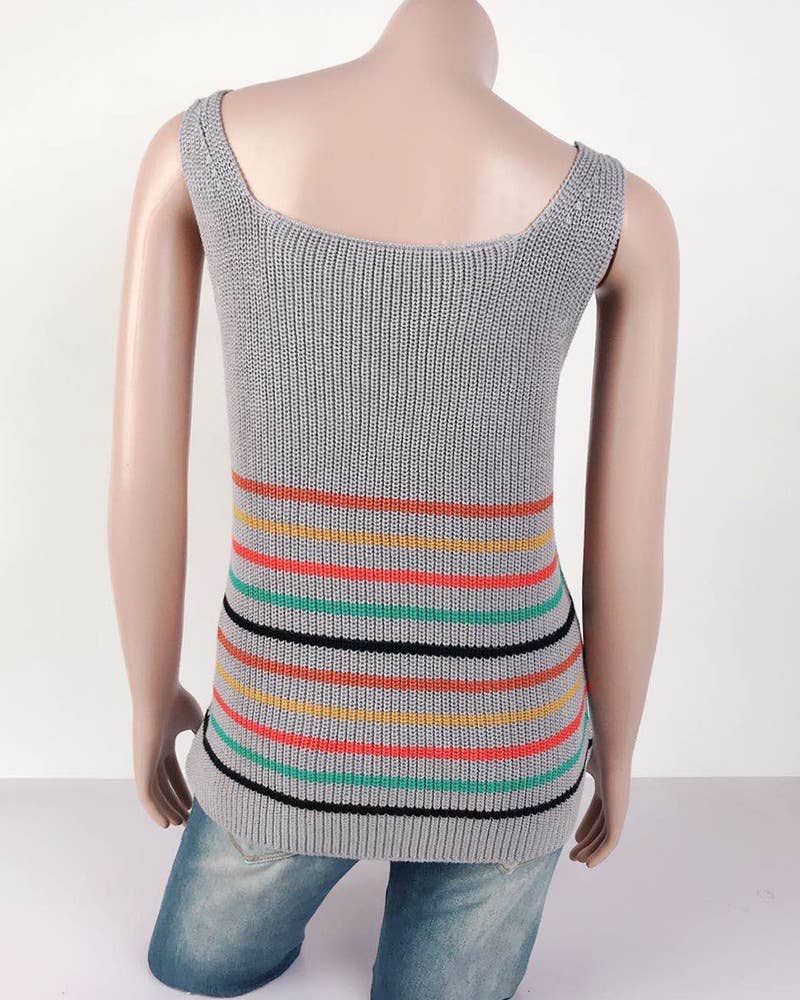 U-neck colored striped knitted I-shaped vest