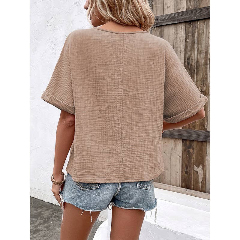 SOLID COLOR LOOSE V-NECK SHORT-SLEEVED SHIRT