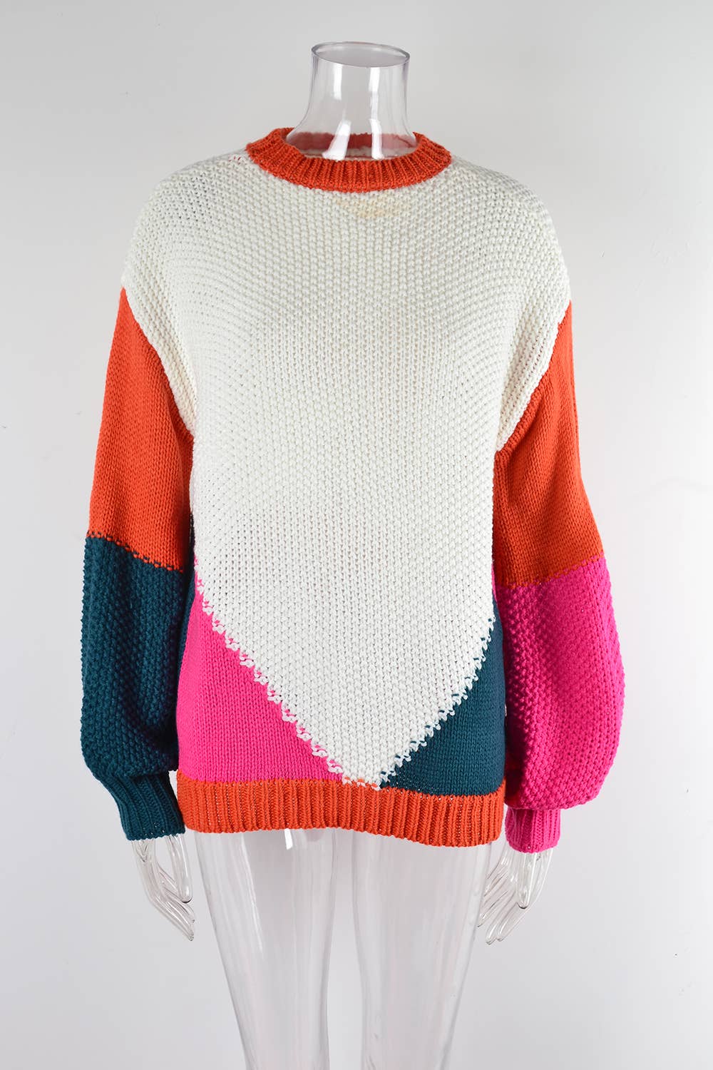 KNIT CREW NECK COLOR PATCHWORK PULLOVER SWEATER