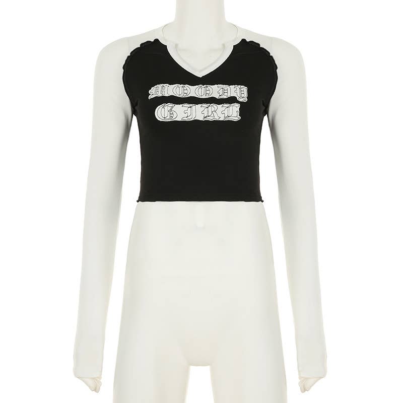 LETTER PRINT V-NECK KNITTED LONG SLEEVE T-SHIRT