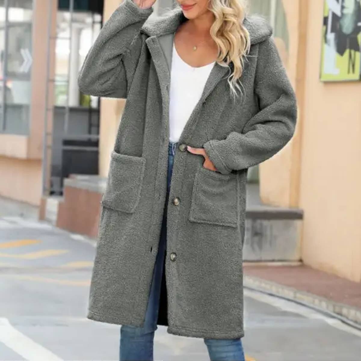 Long fleece coat with single-breasted lapel pocket