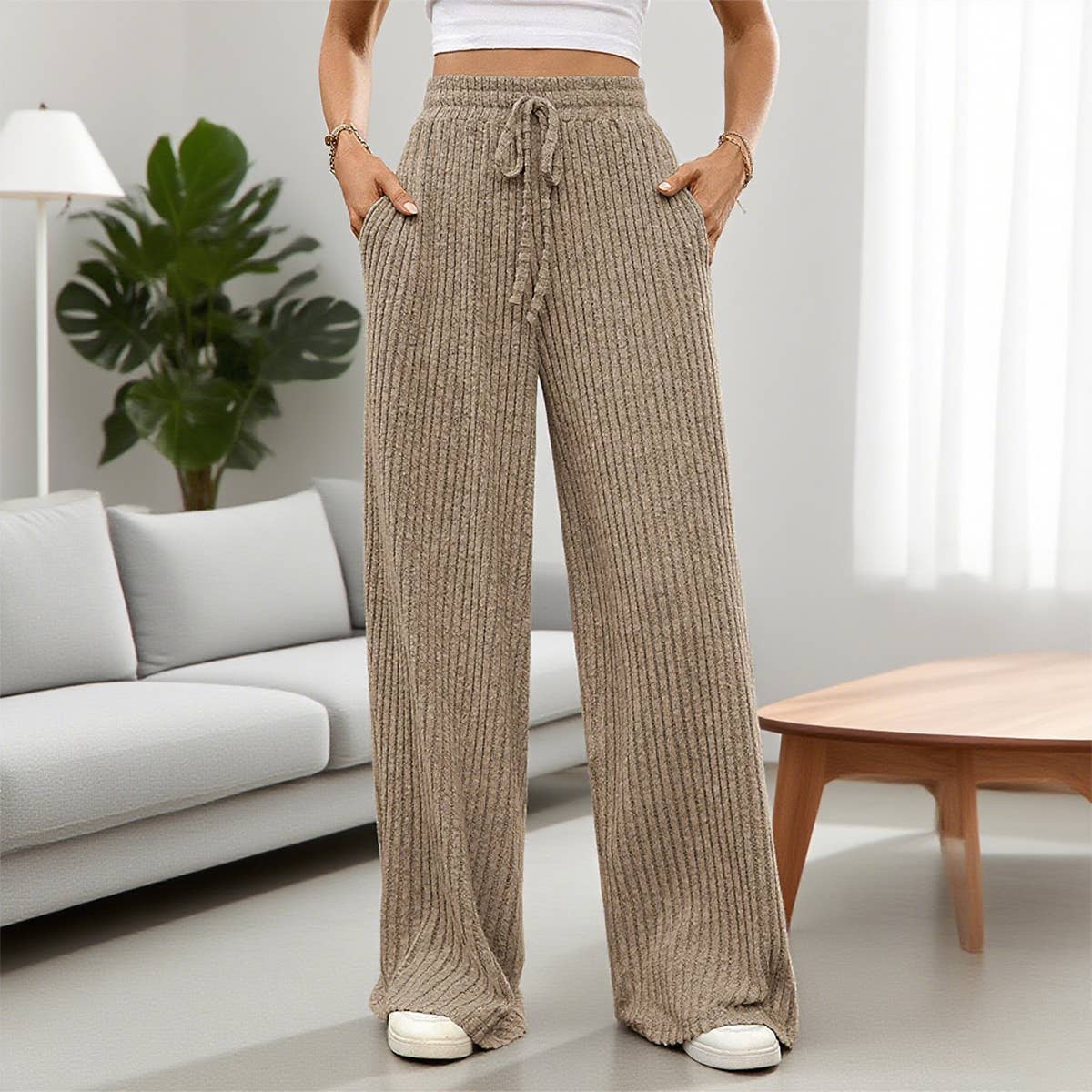 Drawstring,tight-waisted straight-leg pants