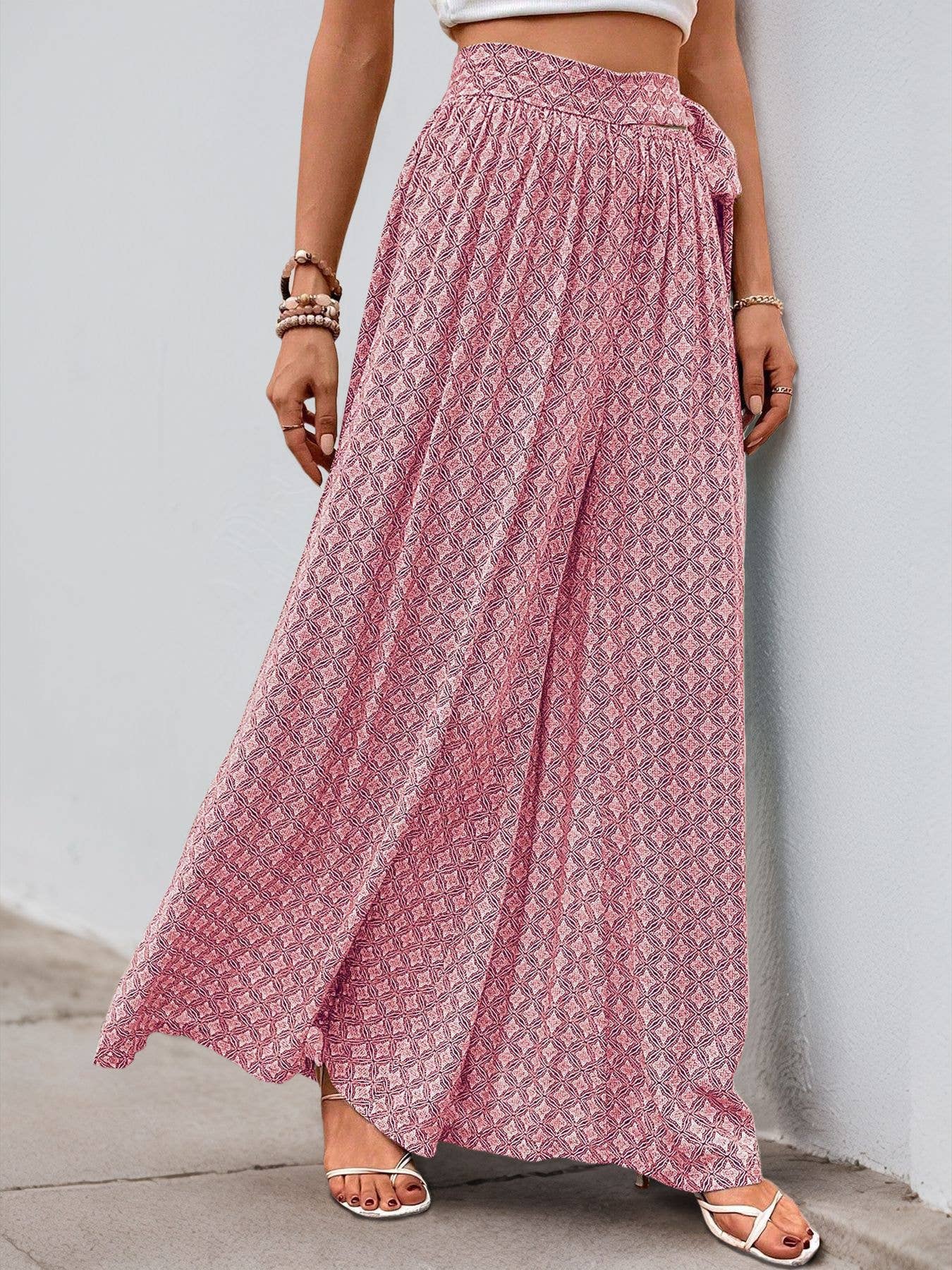 Lace-up high-waisted casual wide-leg trousers