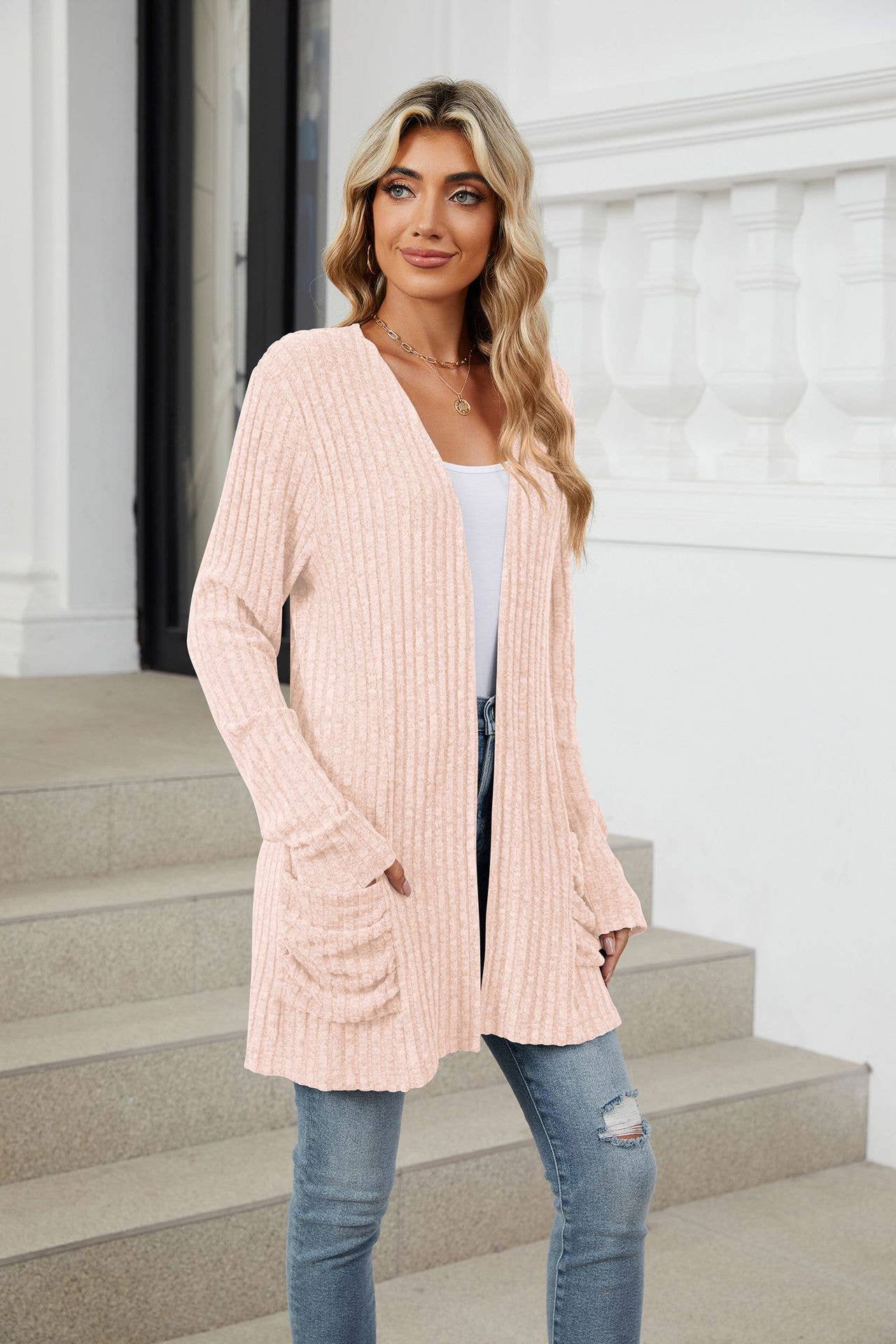 Solid-color casual pocket long-sleeved cardigan