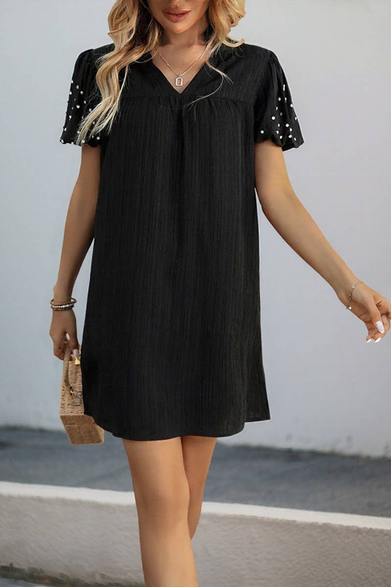 CWDSD7826_BLACK BEADED LANTERN SLEEVE LOOSE SHIFT DRESS