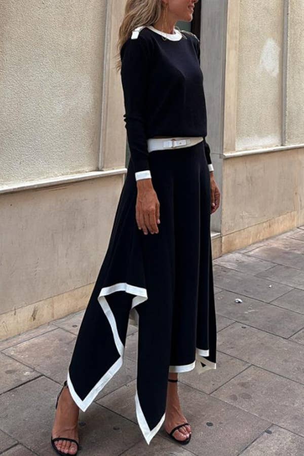 LONG SLEEVE IRREGULAR SOLID COLOR SKIRT SET