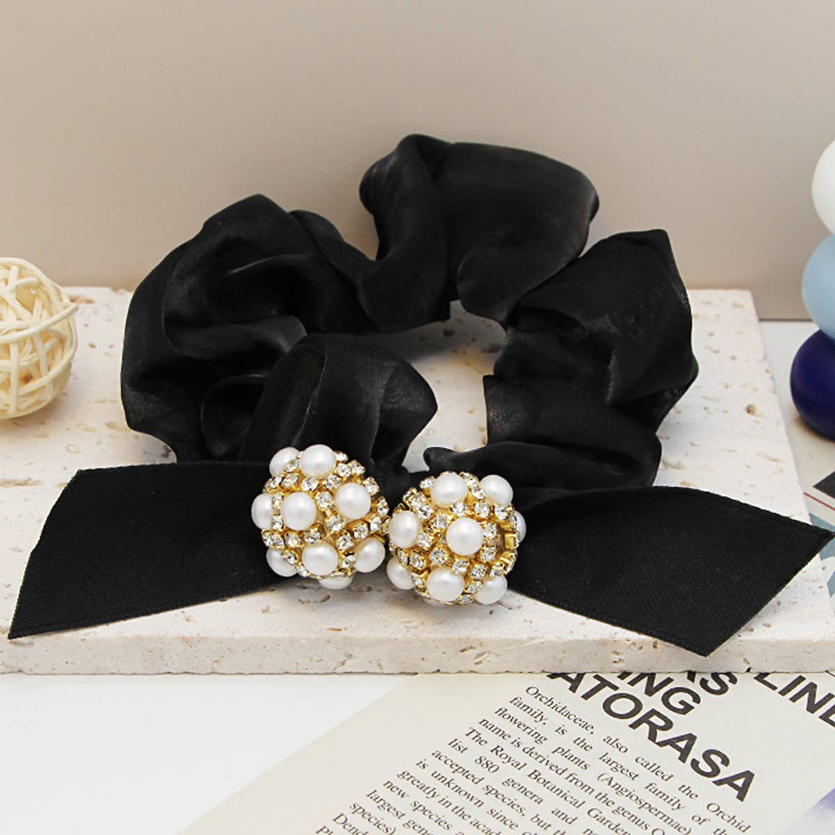 FASHION RHINESTONE PEARL BOW HAIR TIES_CWAHA0505