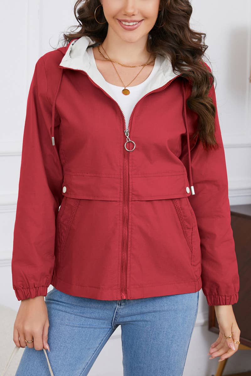 HOODED SOLID COLOR LONG SLEEVE TRENCH COAT