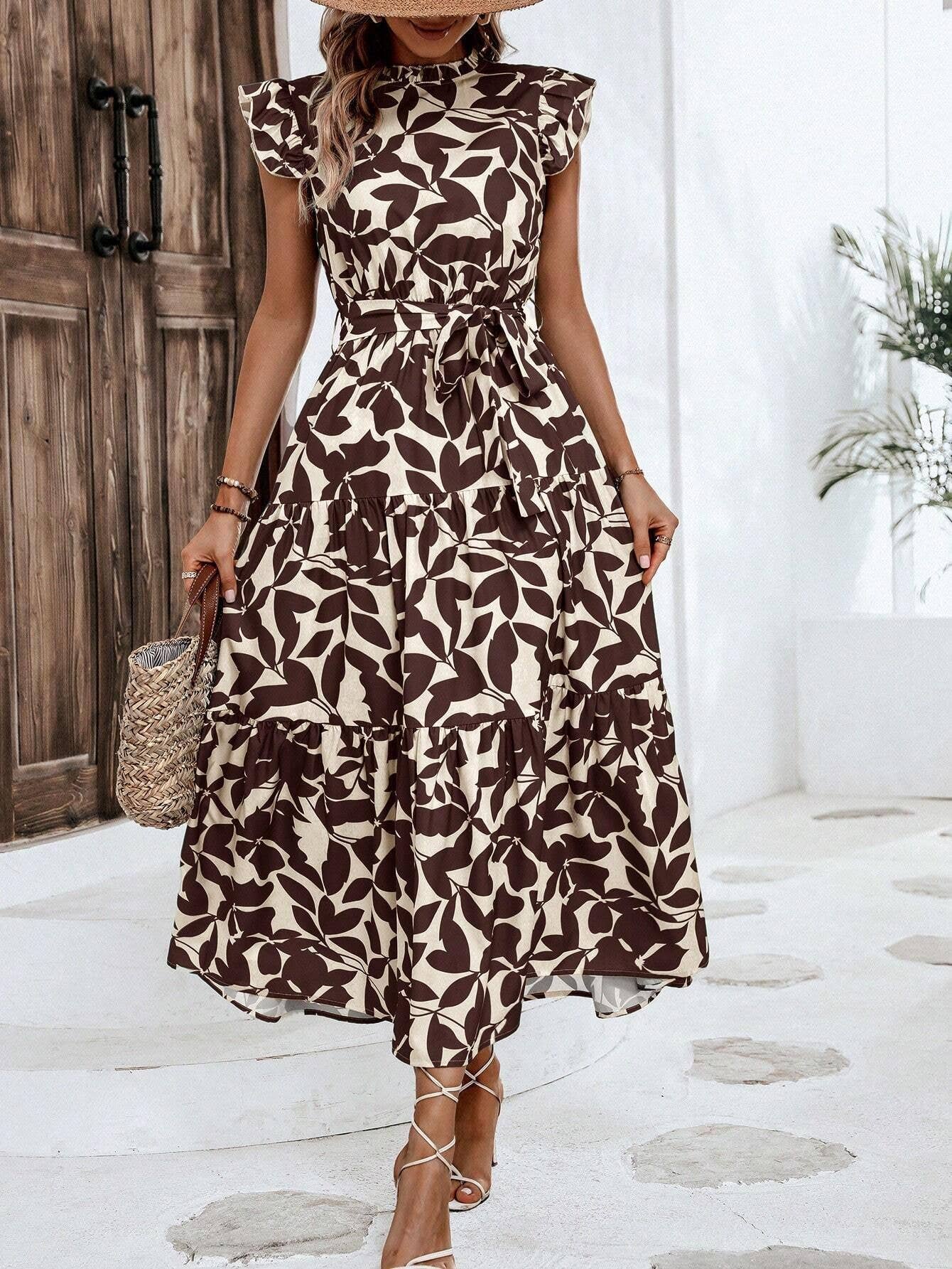 Fashion wooden ears fly-sleeve lace-up long dress