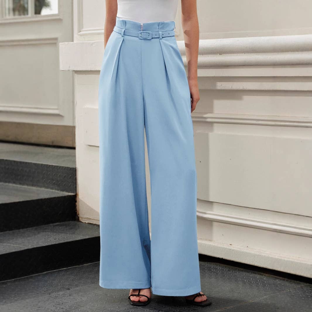 Pleated cinched waist high-waisted wide-leg pants