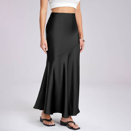 SATIN SKIRT HIGH WAIST STITCHING LONG SKIRT