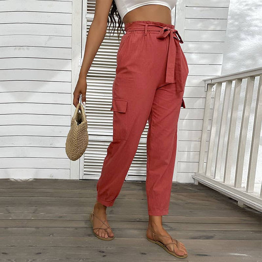 SOLID COLOR HIGH-WAISTED CASUAL LACE-UP PANTS