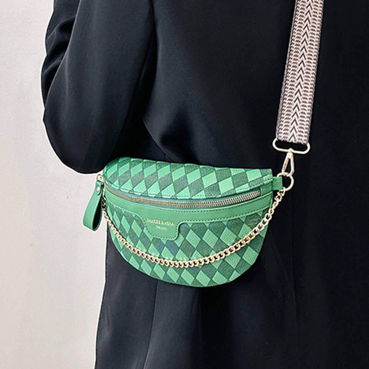 Checkered Chain Strap PU Crossbody Chest Bag_CWAB0911