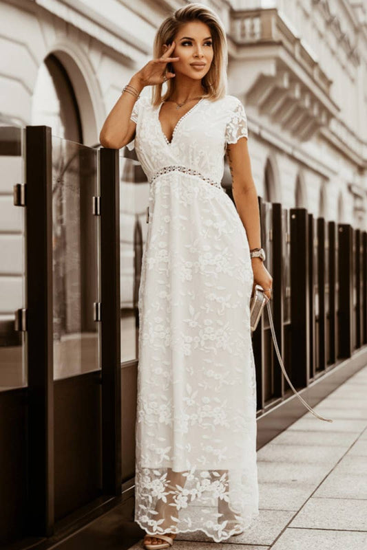 CWDMD2960_LACE SEE-THROUGH SHORT-SLEEVED DRESS LONG