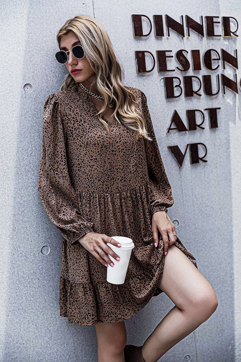 V-NECK LEOPARD PRINT RUFFLED LONG-SLEEVED DRESS