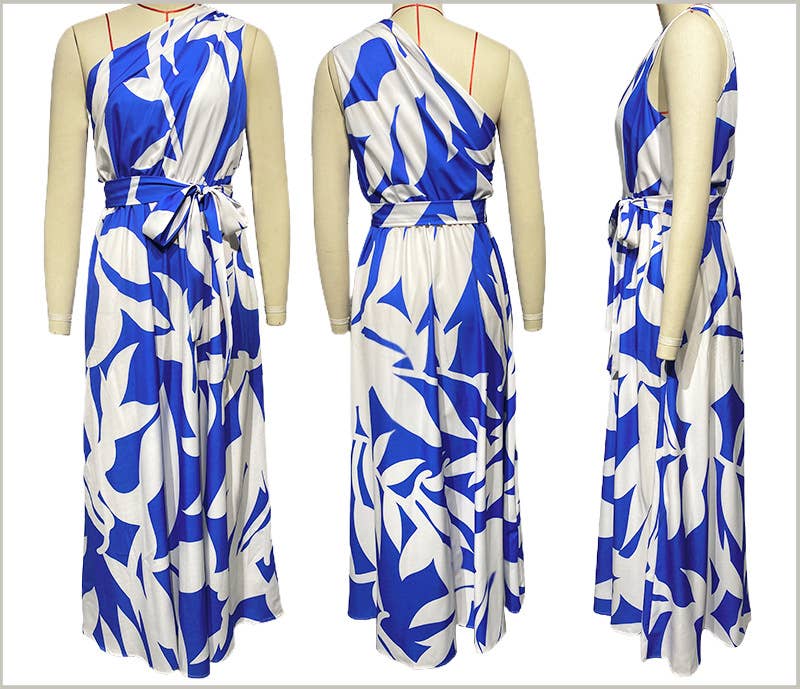 SEXY WAISTLINE PRINT SKEW COLLAR TUNIC DRESS