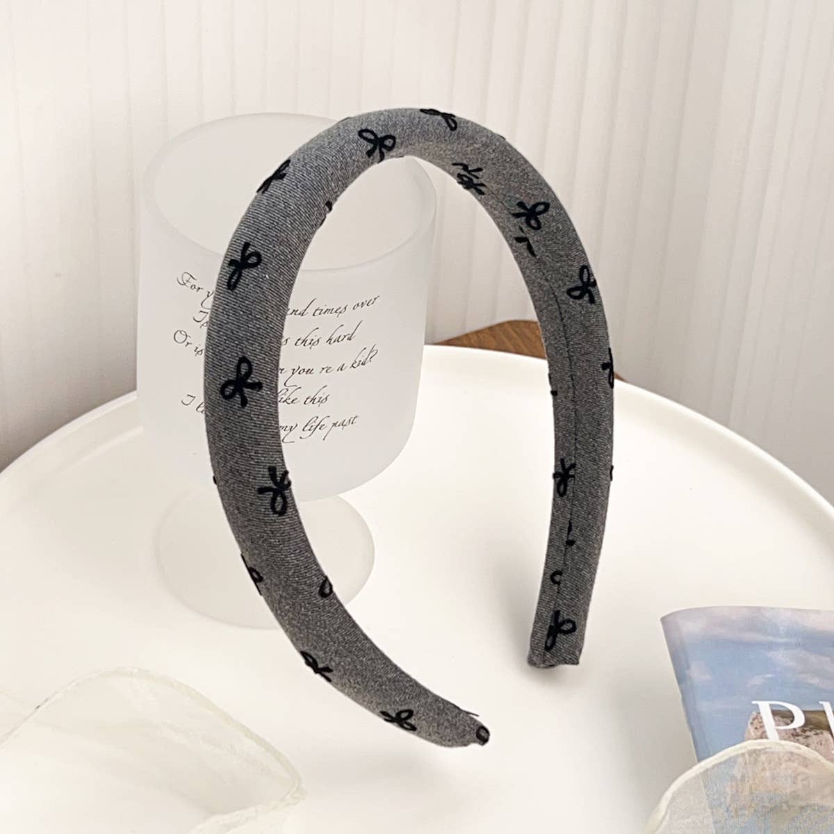 French bow denim style pleated fabric hair band