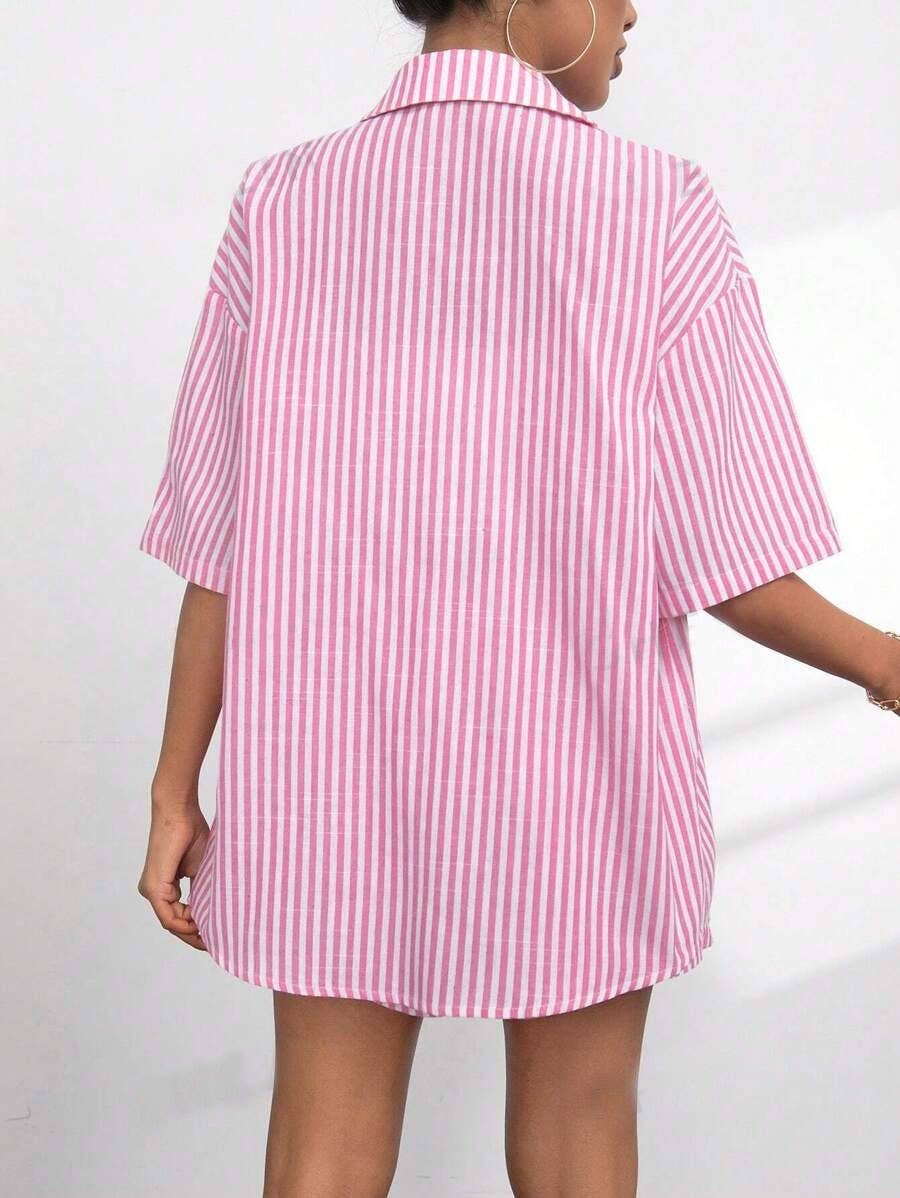 Lapel striped short-sleeved and shorts suit