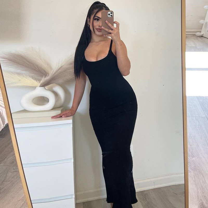 Sexy slim drop pit strip long halter dress