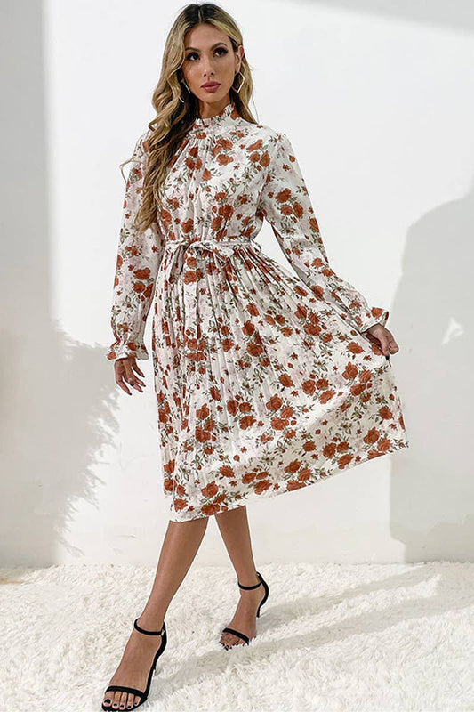 PRINTED LONG-SLEEVED HALF-TURTLENECK DRESS