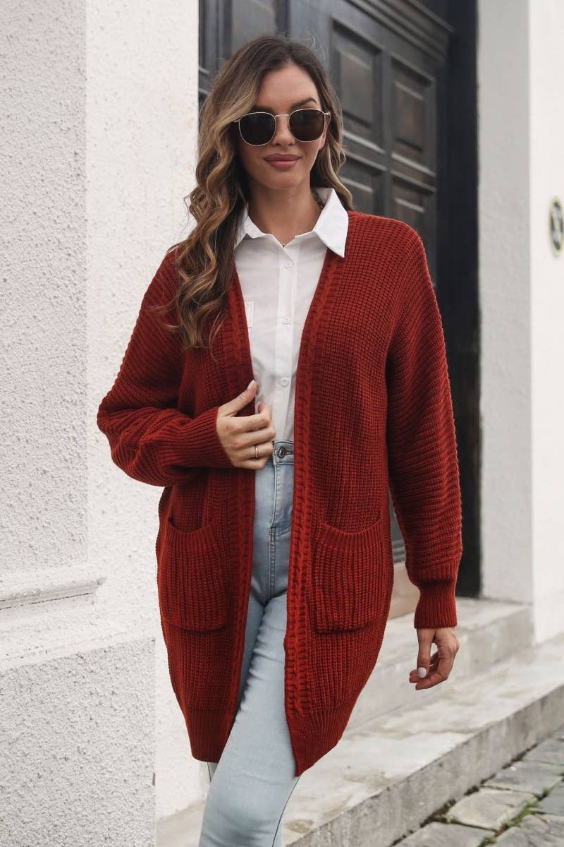 CWOCAL2055_LONG SLEEVE KNIT CARDIGAN WITH NO BUTTON POCKET