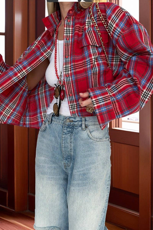 CWOCO00154_RETRO CASUAL LAPEL PLAID LONG-SLEEVED SHIRT