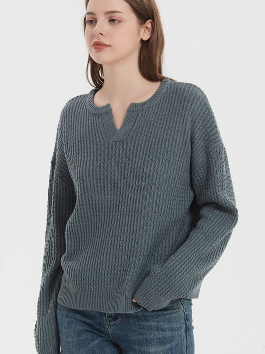 V-NECK SOLID COLOR PULLOVER SWEATER FOR WOMEN
