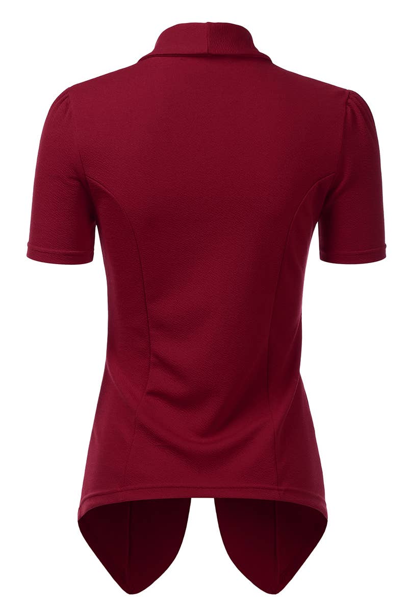 CWOBL095-P_Short Sleeve Open Front Draped Ruffles Blouses