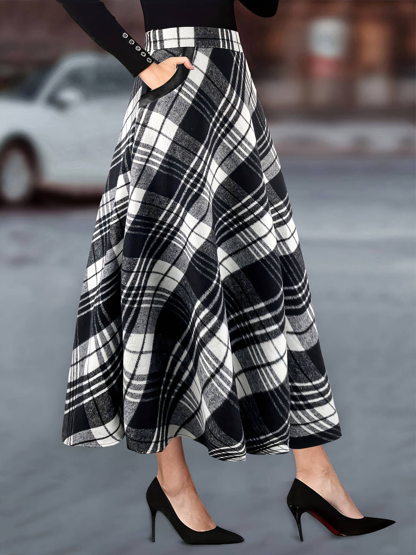 Plaid woolen cloth large pockets long skirts