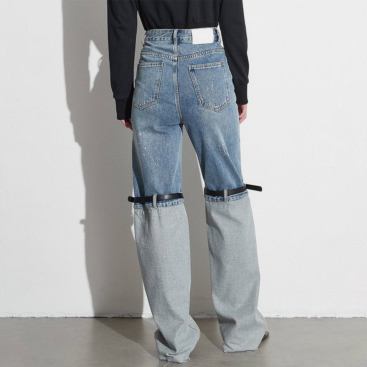 WOMENS HIGH WAISTED STRAIGHT LEG PATCHWORK JEANS