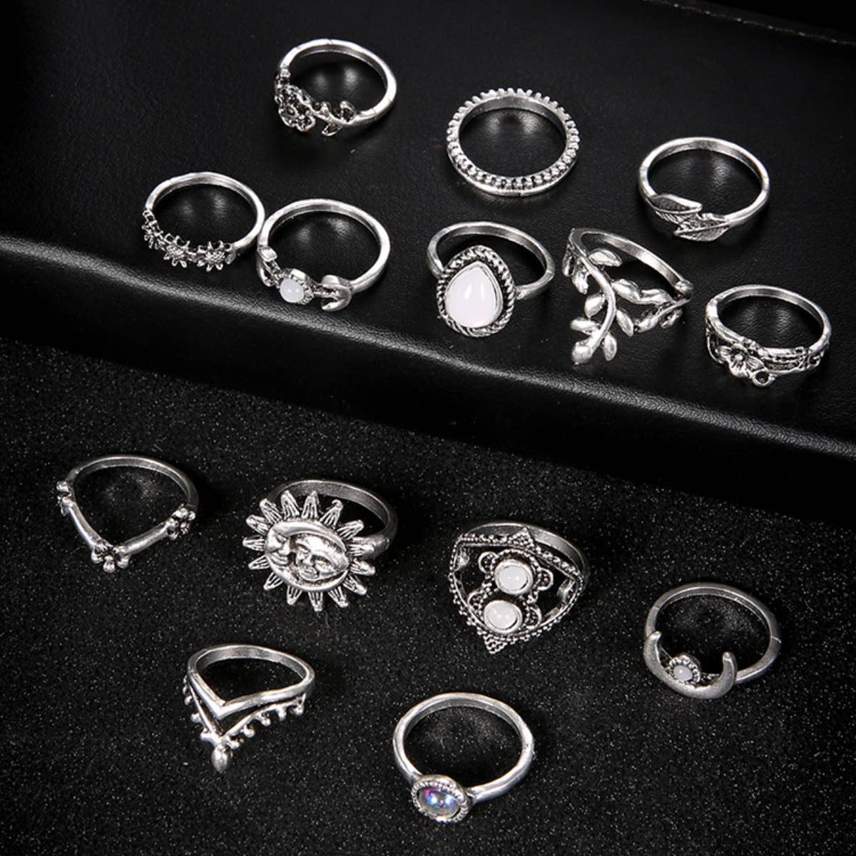 CWASC1952_WATER DROP SUNFLOWER MOON SUN HOLLOW RING SET