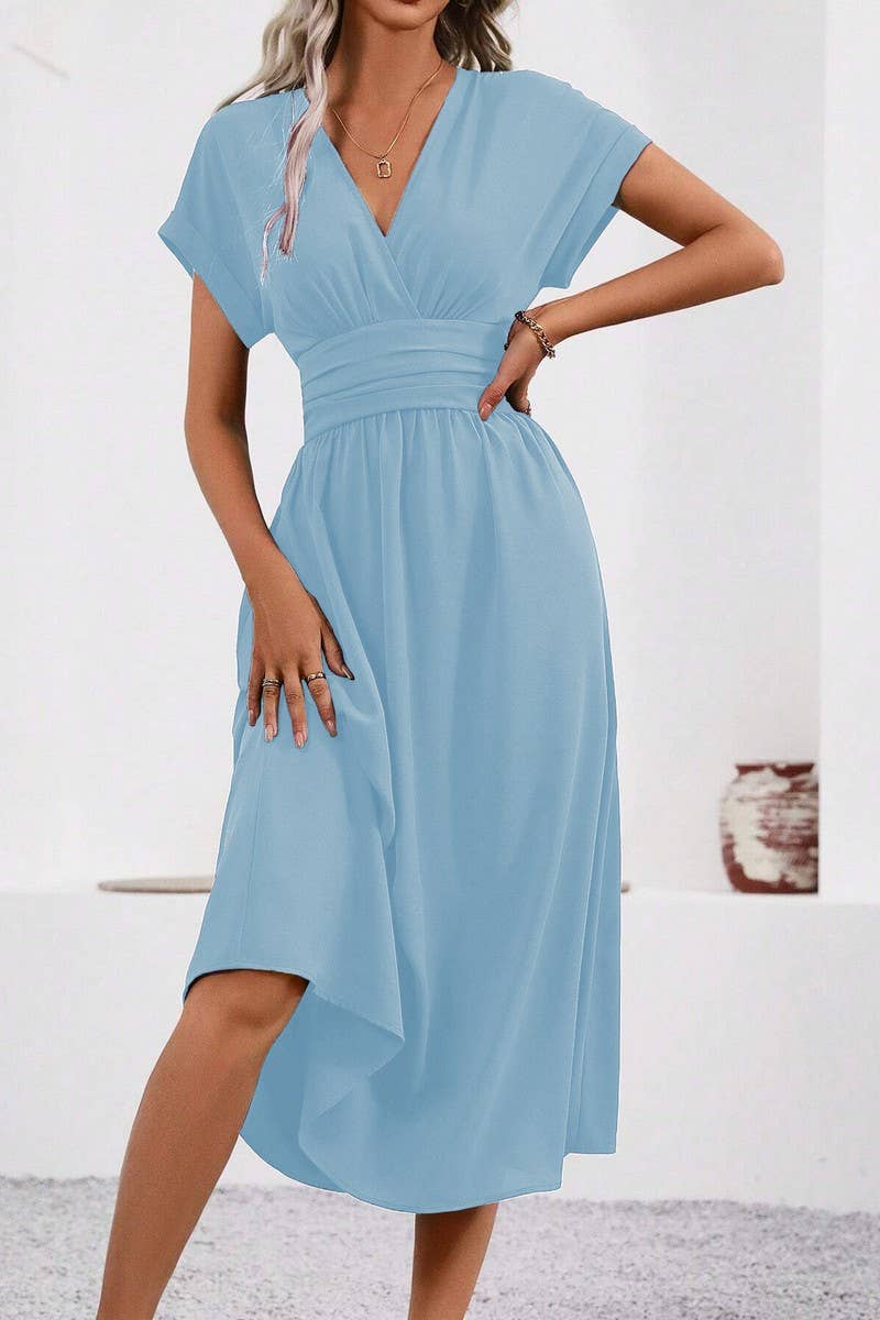 CWDMD4648_SOLID COLOR V-NECK BAT SLEEVE LONG DRESS