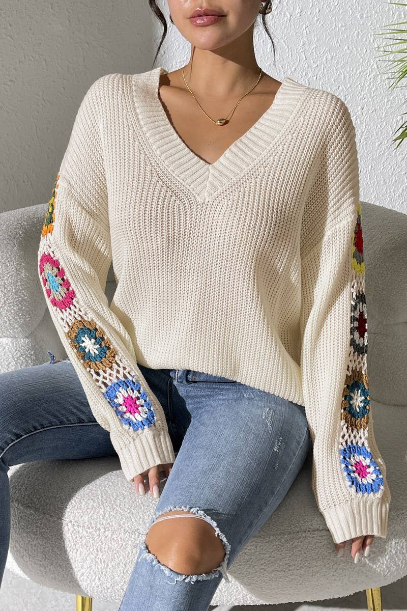 CWOSWL07307_WOMEN COLORBLOCK V-NECK LOOSE KNIT SWEATER