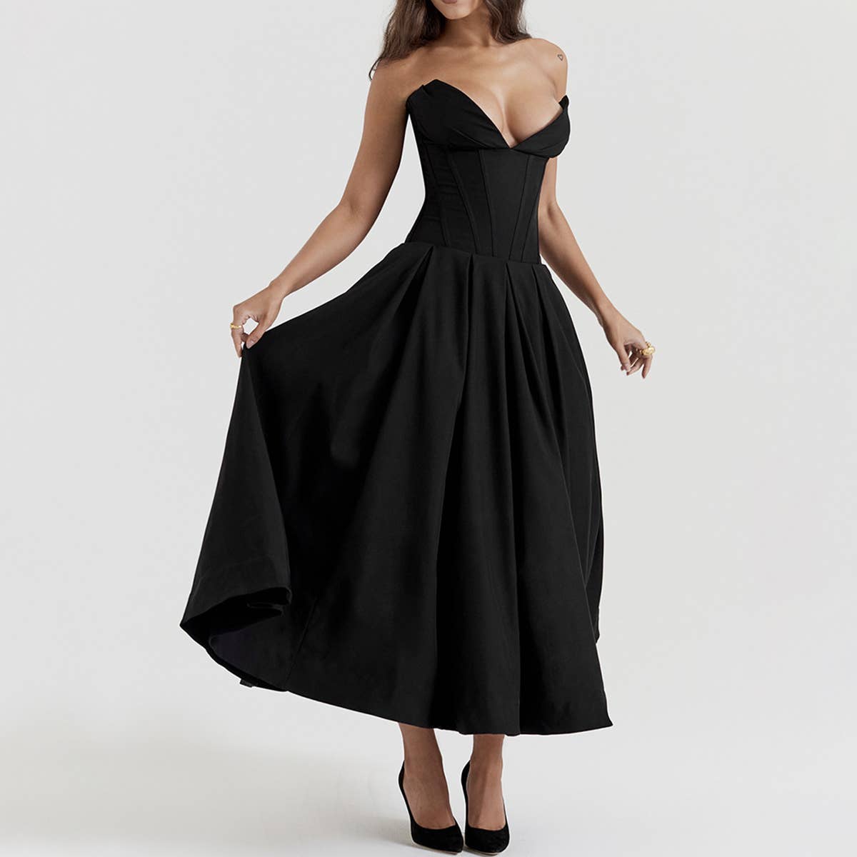 Strapless V-neck fishbone corset dress