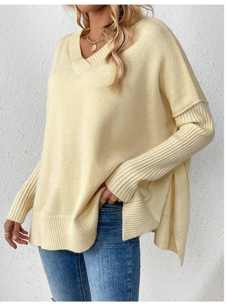V-neck casual patchwork long-sleeved sweater