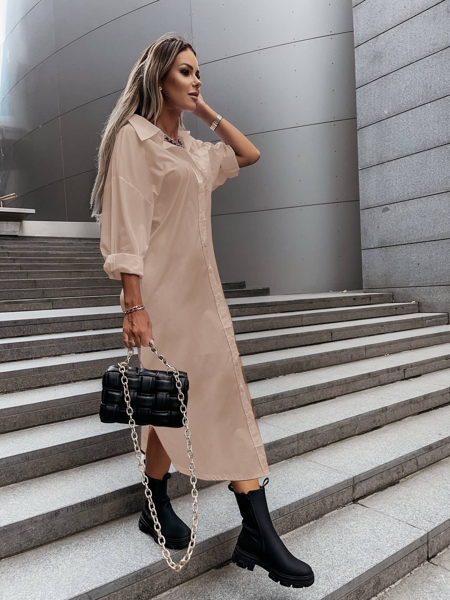 STYLISH SLIT LOOSE CASUAL SOLID COLOR SHIRT DRESS