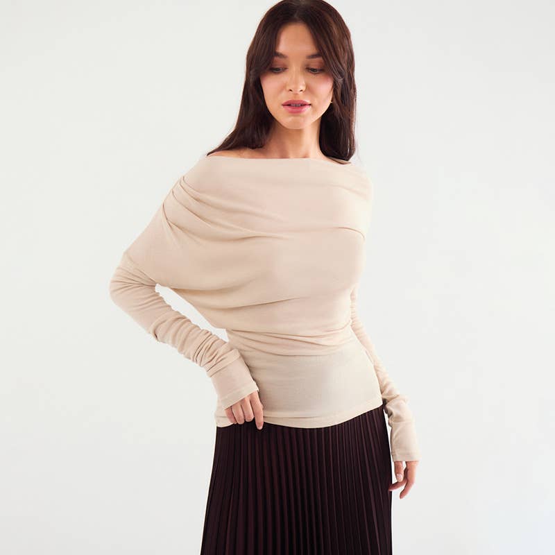 SOLID COLOR SLANT NECK OFF-THE-SHOULDER TOP