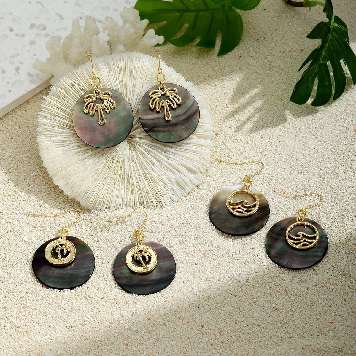 NATURAL BLACK SHELL DISC COCONUT TREE EARRINGS