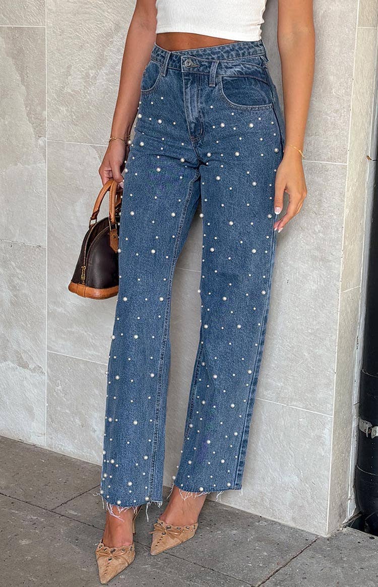 Crossbody retro beaded straight-leg denim trousers