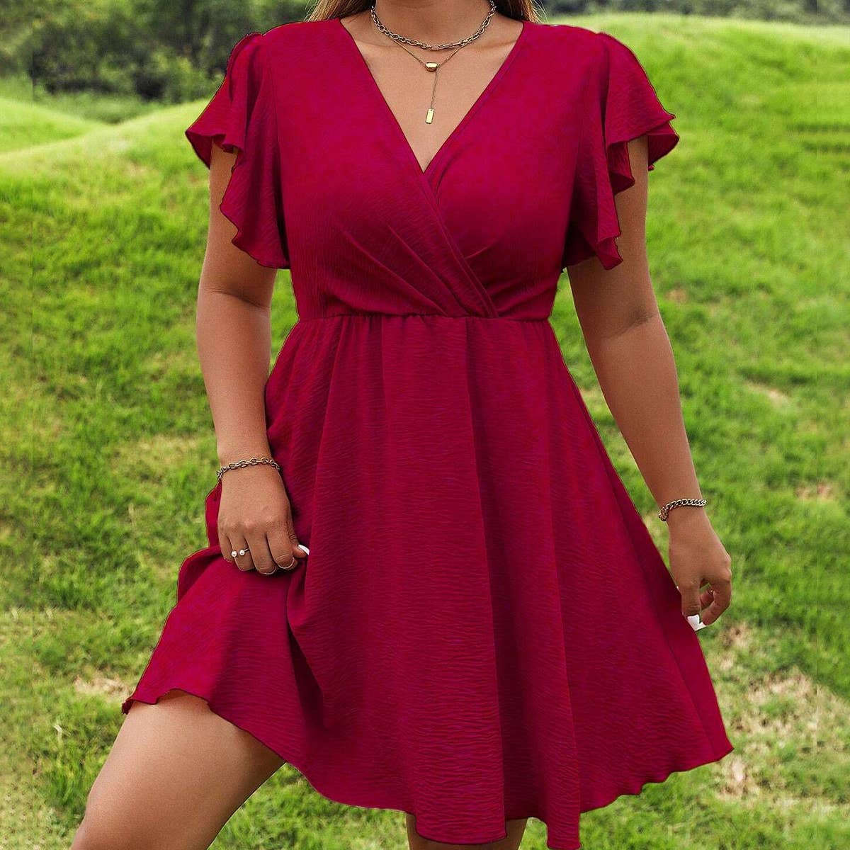 LANTERN SLEEVE V-NECK FRENCH DRESS