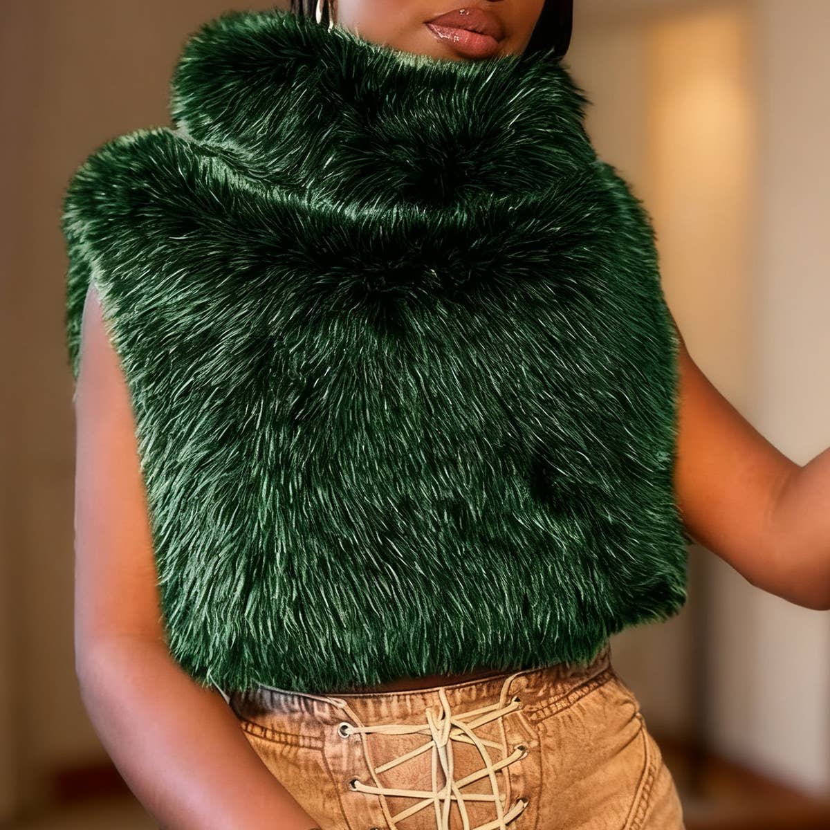 Fashion standing collar fur waistcoat