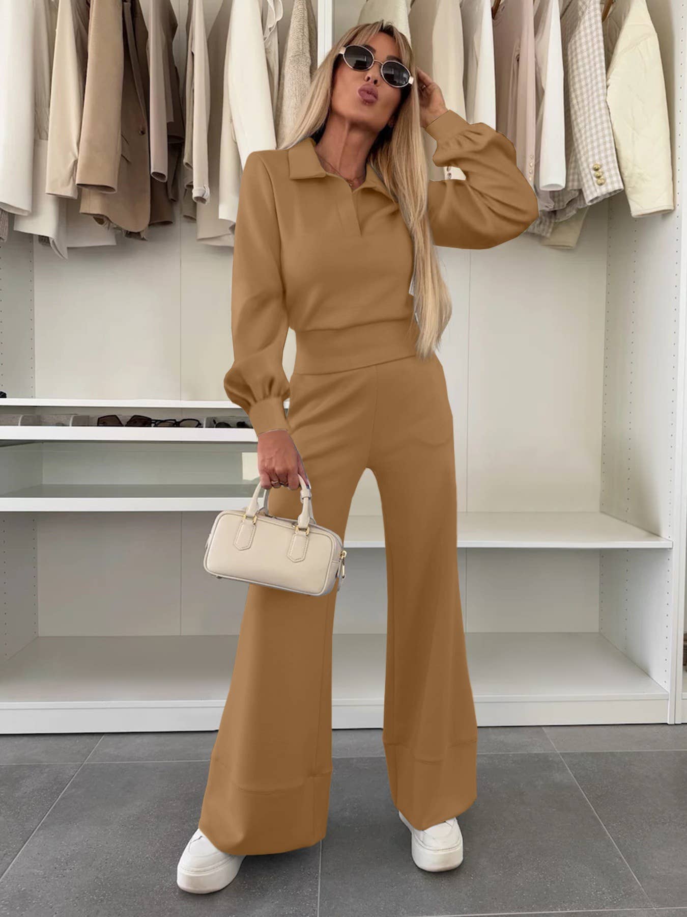 Lapel long-sleeved top elastic wide-leg pants set