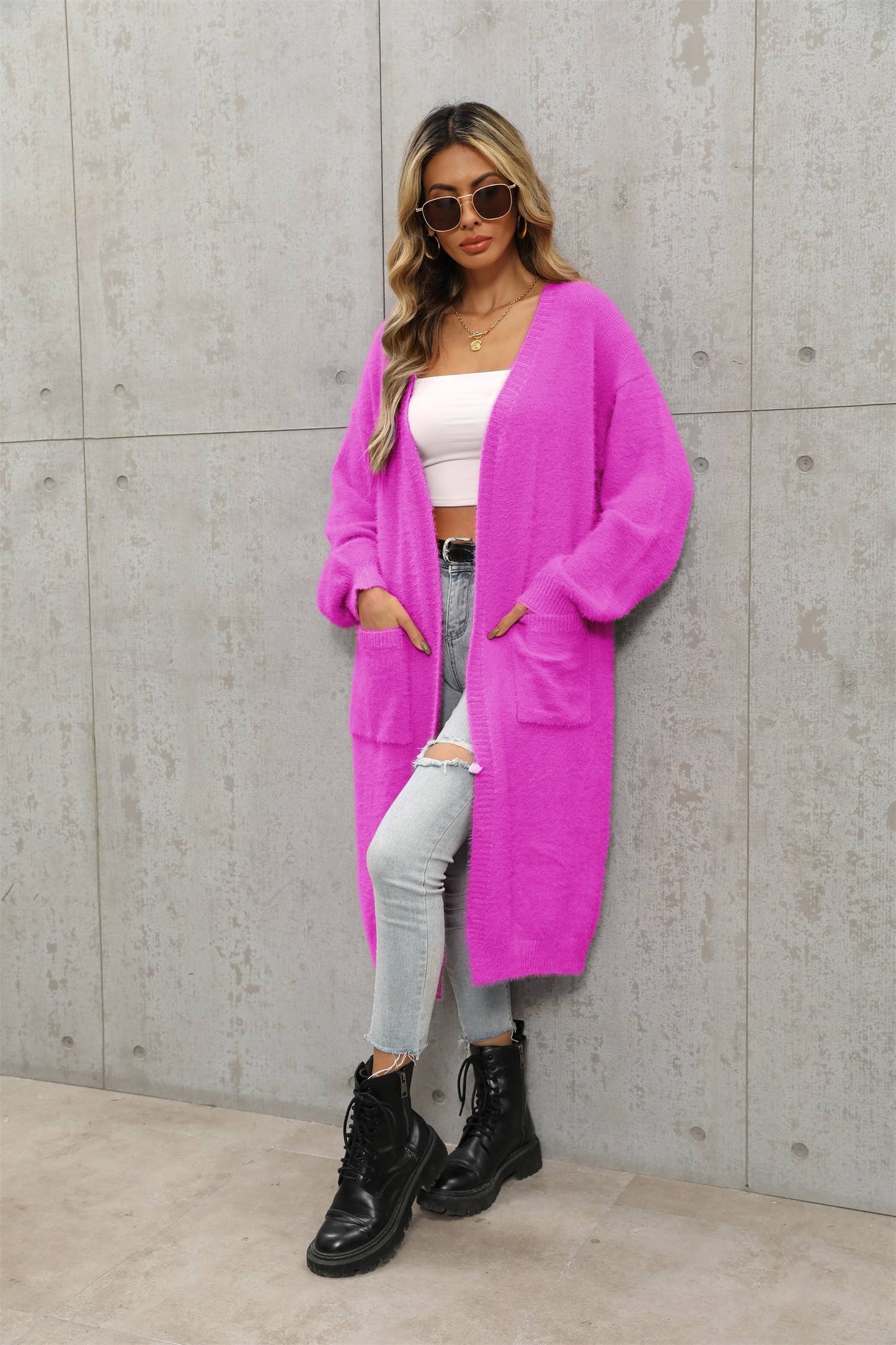 Solid color high-grade unbuttoned long cardigan