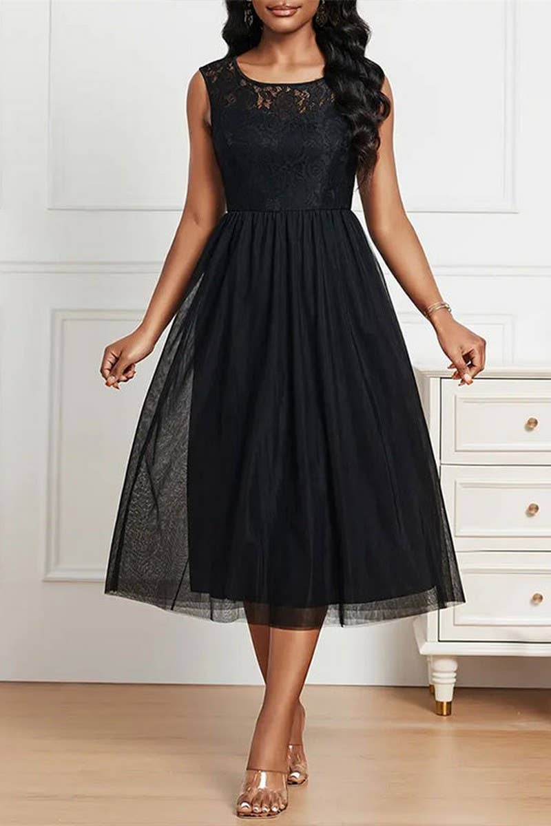 CWDSD7644_SPRING AND SUMMER LACE MESH SPLICING DRESS