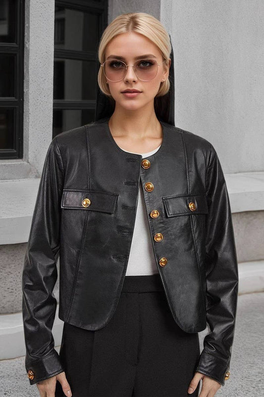 CWOHOL1147_ROUND COLLAR METAL BUTTON SHORT PU LEATHER JACKET