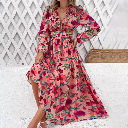 Off waist printed V-neck dress_CWDMD1497